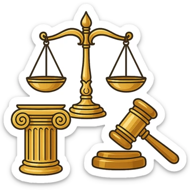 Vector illustration of a classic symbol of law (e.g. scales of justice, gavel, courthouse column), designed with elegant and refined lines. Include intricate golden detailing, soft gradients for a polished metallic look, and realistic shadows and highlights for depth. Style should be clean and professional, with a modern yet timeless feel. Transparent background sticker