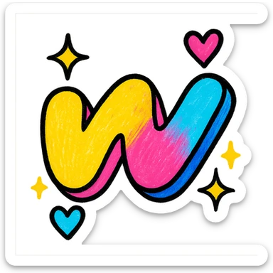 plump, colorful Wattpad logo 'w' with bold outline, expressive shadows and highlights, sparkles and floating hearts in bright colors around the logo, no background sticker