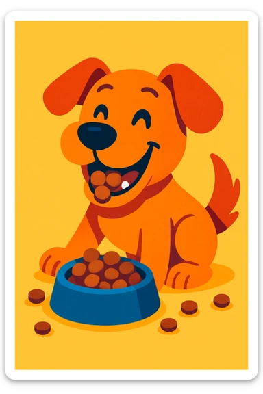 happy dog munching on kibble, vibrant toon style, playful art, joyful and lively sticker