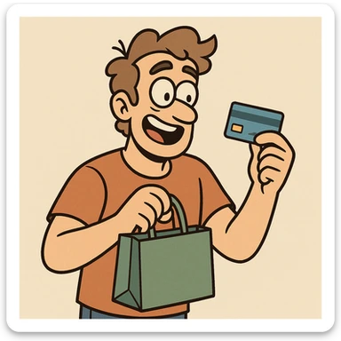 a man with a credit card and a shopping bag, cartoon style sticker