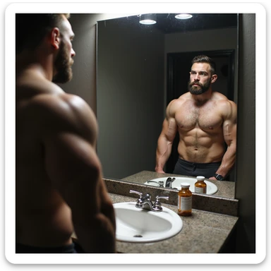 realistic powerlifter athlete in front of mirror, observing his physique and a bottle of anabolic steroids (AAS) on sink, thoughtful expression, isolated on white background sticker