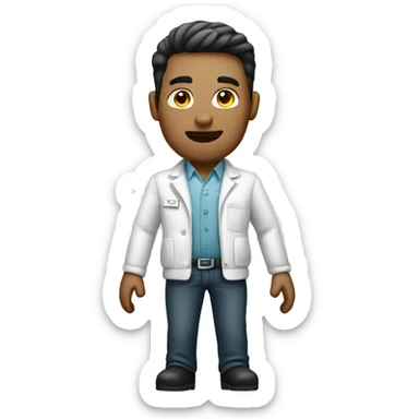 a male pharma employee, full body dressed with white jacket, short. with white bottons, crossed sticker