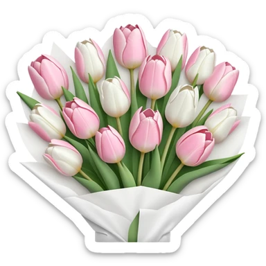 Powder pink and white tulips bouquet in white paper wrap, cute sticker
