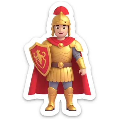roman empire soldier, cartoon style, gold armor, red cape, helmet with red plume, smiling sticker