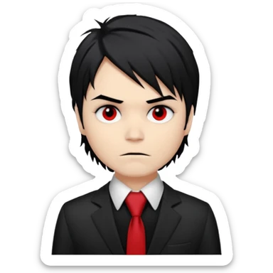 Gerard Way (Revenge Era)
Round, simplified emoji style
Pale skin tone dark eyes
Jet-black, shoulder-length hair messy and emo
Heavy eyeliner and slight red shadow under the eyes
Subtle serious
Hint of red tie visible on black button up shirt.
Transparent background. Black eyeliner. Messy emo hair sticker