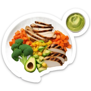 a large white round plate of realistic healthy food sticker