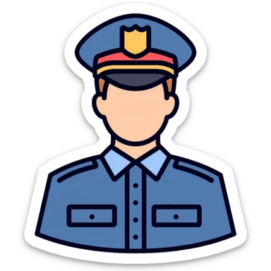 Russian police officer wearing blue uniform and traditional police cap with badge sticker