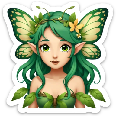 Cinematic Realistic Forest Nymph Fairy Portrait, head tilted playfully and inquisitively, showcasing a nature-inspired form with intricately detailed, sunlit tanned skin and cascading dark green hair interlaced with leaves and blossoms showing her large butterfly wings from her back. Her bright, curious eyes sparkle with forest mischief, rendered with lifelike clarity and warm, dappled lighting that captures the spirit of an enchanting woodland fairy ready to dance among the trees. sticker