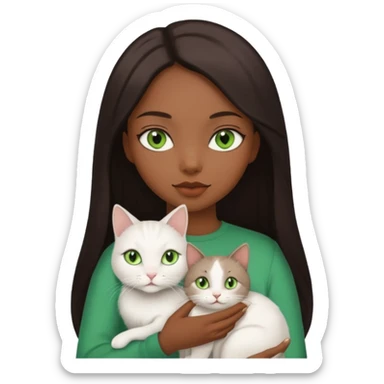black girl with straight long dark brown hair with a side part holding a female white cat with green eyes sticker