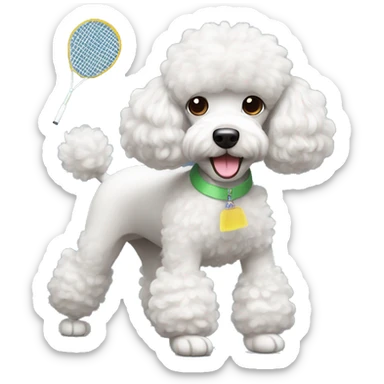a poodle playing badminton with visible shuttlecock sticker