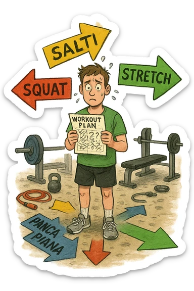 a person stands in the center of a gym, surrounded by arrows pointing in all directions, each labeled with a different exercise (e.g., “squat,” “Salti,” “stretch,” “Panca Piana”). The person looks bewildered, holding a workout plan with scribbles and question marks. The scene is colorful but visually messy, symbolizing confusion. in italiano immagine iperrealistica sticker