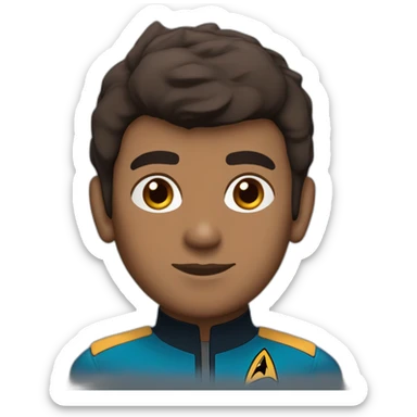 Sri Lankan Spock from Star Trek, chocolate brown skin, short spiky hair, pointy ears, blue jacket sticker