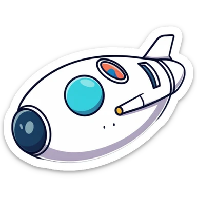 Cartoon spaceship with a bulging round middle section resembling a pregnant belly, cute face on the front sticker