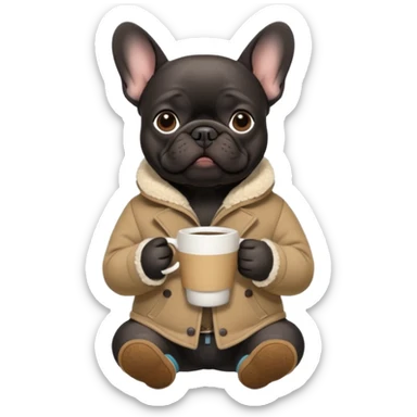 black frenchie with north face coat and uggs with coffee sticker
