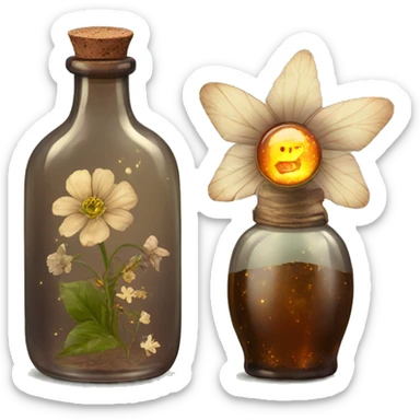 Brown magic fairy light sparkling old Antique bottle with poison and with herbal and flowers sticker