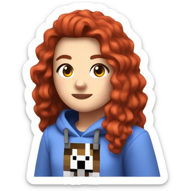 a white girl with long red curly hair, wearing periwinkle Minecraft hoodie playing a videogame sticker