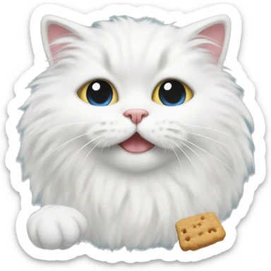  white fluffy cat eating cat treats sticker