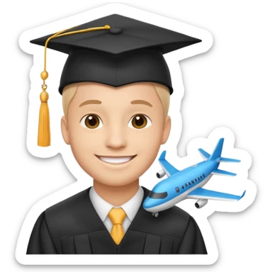 emoji man student at university with graduation cap and airplane, happy, white background sticker