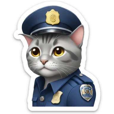 Grey cat with a police hat and a Tokyo police badge sticker