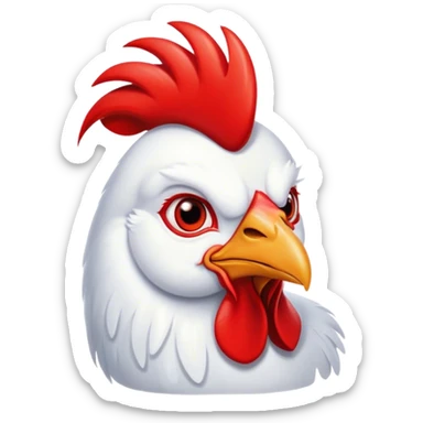 Cinematic Cute White Rooster Portrait Emoji, Head tilted playfully and inquisitively, featuring a glossy, immaculate white plumage with a vibrant red comb, round, sparkling eyes filled with curiosity, Simplified yet irresistibly adorable features, highly detailed, glowing with a warm, friendly glow, high shine, affectionate and spirited, stylized with a touch of farmyard whimsy, bright and endearing, soft glowing outline, capturing the essence of a mischievous yet loving rooster, so playful it feels like it could strut out of the screen and into your arms! sticker