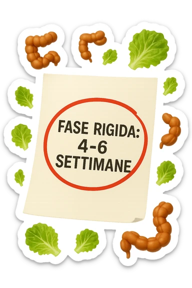 EMOJI STILE IPHONE DI UN foglio di carta fluttua in aria con la scritta "FASE RIGIDA: 4-6 SETTIMANE" CERCHIATA A PENNA IN ROSSO, ATTORNO AL FOGLIO FLUTTUANO PICCOLI TRATTI DI COLON UMANO IN STILE EMOJI E FOGLIE DI INSALATA, REALISTICA 4K sticker