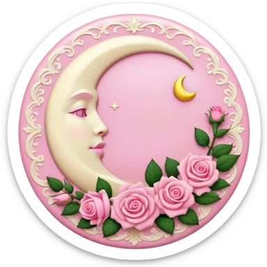 A round pink button with a cream colored crescent damask moon and pink roses in the center sticker
