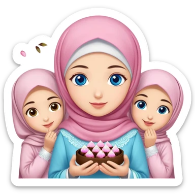 Turkish beautiful finish Konya girl blue eyes with cherry blossom hijab islamic dress and had on her hand text Eid Mubarak with sweets and celebrating with her friends eid days   sticker
