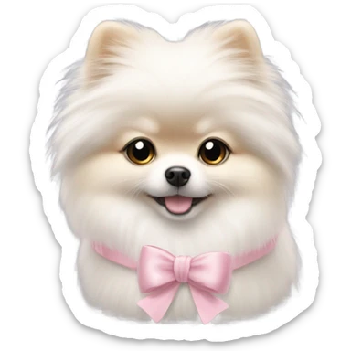 A white small Pomeranian with a cute little light pink bow on her hair sticker