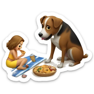 Dog eating on the beach with girl with fat  sticker