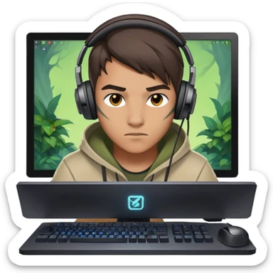 gamer with headphones playing Dota 2, focused on computer screen sticker
