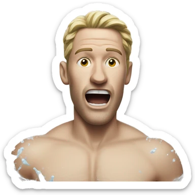 A white man runs with his mouth smeared with white water sticker