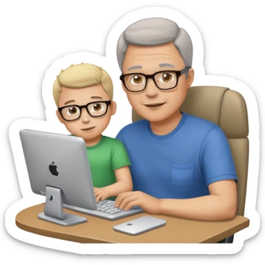 Middle aged man with glasses working at his desk, with his child sitting behind him on the headrest of his chair looking at his computer sticker