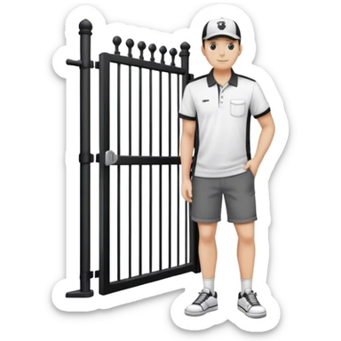 Pool attendant standing by a gate, wearing a cap, polo shirt, shorts, and sneakers, in a simple black and white outline style sticker