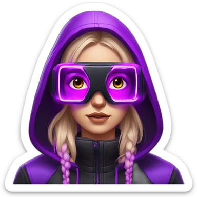 Russian student wearing black hoody with violet letters "OMG", in vr headset. Cyberpunk style. Violet neon. sticker