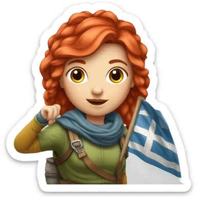 red hair female winter mountaineer offering red Easter eggs and Greek flag sticker
