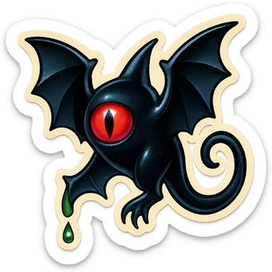 an all black reptilian bat-like creature. One cyclopian red eye in its face. no visible mouth or ears. has a long tale with a stinger that drips green poison sticker