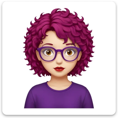 girl, almond brown eyes, red rectangle glasses, curly mid-short hair, deep purple hair, red top, casual-goth sticker