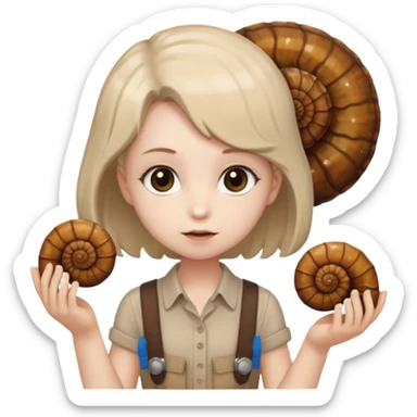Shelly has a small, chibi-style body with a large ammonite-shaped head that looks like a beige fossil shell. One side of her head has a dark opening, making it clear she isn’t human. Her face is simple and soft, with big round eyes. She wears a brown suspender outfit over a lighter shirt sticker