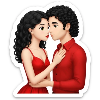 a handsome man with black curly hair tries to kiss a cute woman who has long black hair sticker