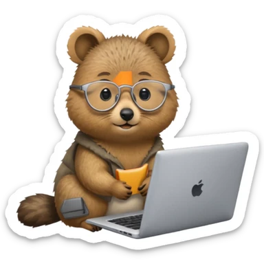 Silver-rimmed, bespectacled front quokka working on a laptop sticker