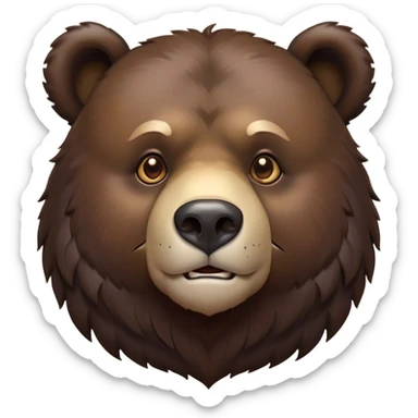 Cinematic Noble Bear Portrait Emoji, Poised and regal, with a large, imposing build and a thick, well-groomed rich dark brown fur, deep-set soulful eyes, Simplified yet sharp and sophisticated features, highly detailed, glowing with a soft, dignified glow, high shine, intelligent and formidable, stylized with an air of wild majesty, focused and attentive, soft glowing outline, capturing the essence of a watchful and commanding guardian, so majestic it feels as though it could lumber out of the screen with effortless authority! sticker