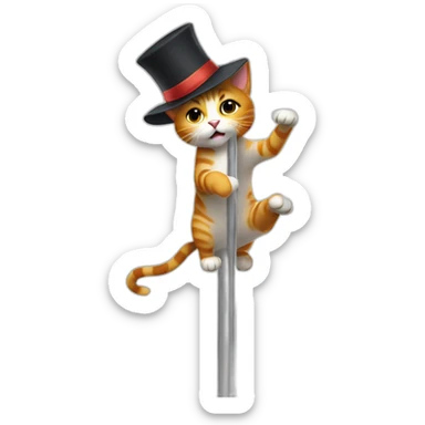 Cat pole-dancing with a hat sticker