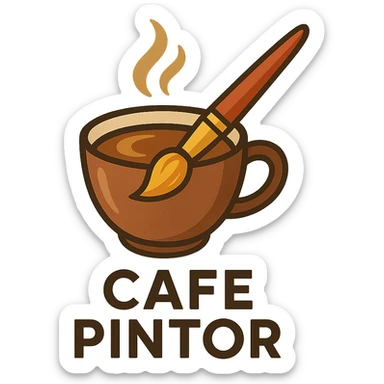 logo for 'CAFE PINTOR' featuring a coffee cup and a paintbrush, warm inviting colors, modern style sticker