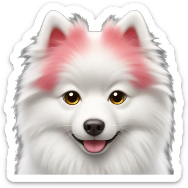 white and red fluffy spitz with a pink heart sticker