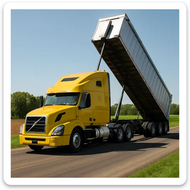 highly photorealistic Volvo yellow semi sleeper truck with a long silver end dump trailer in the raised dump position, driving to the left down a rural country road with fields and trees, bright daytime lighting, clear sky sticker