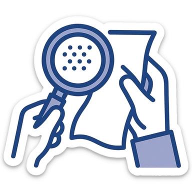 a hand and magnifying glass closely inspecting cloth, simple flat illustration style sticker