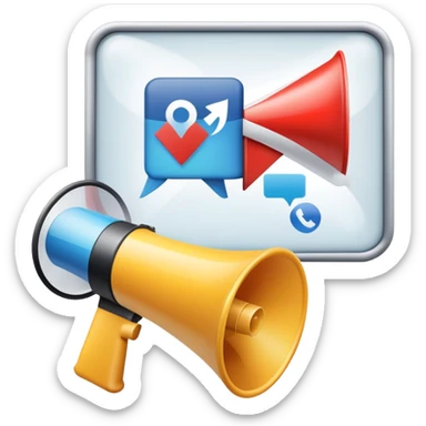 An icon featuring a megaphone, a billboard, and social media icons, symbolizing advertising and public relations. The design includes a press release and a rising graph, representing brand promotion and communication strategies. Transparent background highlights media influence and outreach. sticker