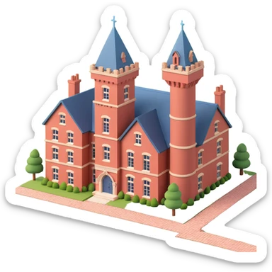 large English country house in red brick with a tower sticker