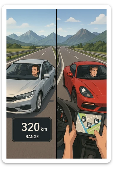 "Split screen highway scene: left side fuel-efficient hybrid car smoothly cruising at optimal speed with digital display showing remaining range 320km, serene driver with relaxed expression; right side gas-guzzling sports car speeding aggressively with fuel gauge rapidly dropping toward empty, stressed driver checking gas stations on GPS, Italian autostrada stretching endlessly ahead, mountain landscape backdrop" sticker