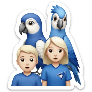 two children, one tall girl and one little boy and a white parrot watching blue jays game, with look of horror on their face sticker